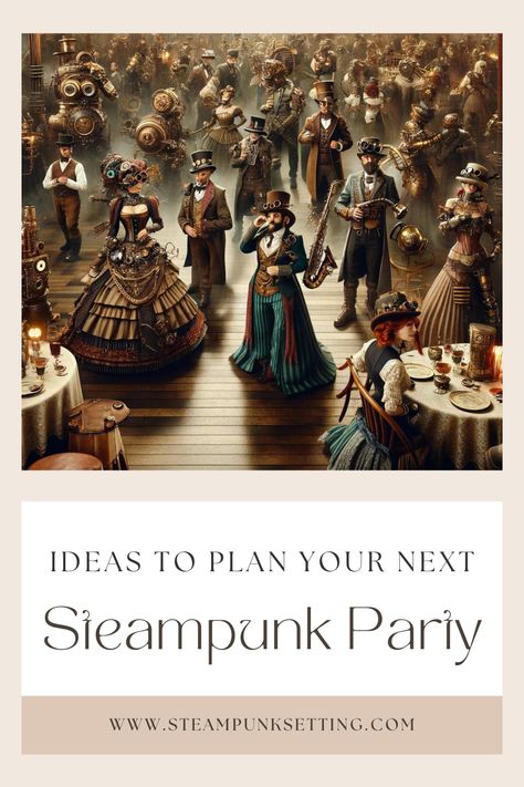 Step into an unforgettable steampunk party experience! Picture a world where vintage meets futuristic, with brass decorations, gear motifs, and Victorian attire. Ideal for those planning a unique celebration, this theme combines imaginative steampunk aesthetics with fun, vibrant party elements. Steampunk Story Ideas, Steampunk Party Ideas, Steampunk Party Food, Victorian Era Party, Victorian Steampunk Aesthetic, Steampunk Party Decorations, Steampunk Wedding Themes, Gothic Bachelorette, Hobbit Birthday