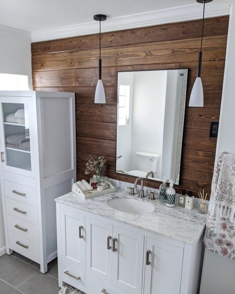 Bathroom Wood Plank Walls, Wood Shiplap Wall Bathroom, Stained Shiplap Wall Bathroom, Wood Accent Wall In Bathroom, Wood Accent Wall Bathroom, Shiplap Bathroom Accent Wall, Wood Paneling Remodel, Shiplap In Bathroom, Bathroom Shiplap Wall