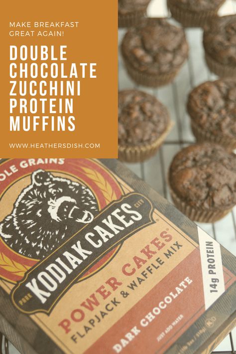 Double Chocolate Protein Zucchini Muffins - Heather's Dish Protein Zucchini Muffins, Protein Chia Pudding, Kodiak Cakes Recipe, Pumpkin Chocolate Chip Pancakes, Chocolate Zucchini Muffins, Pancake Mix Recipes, Chocolate Pancakes, Kodiak Cakes, Healthier Options