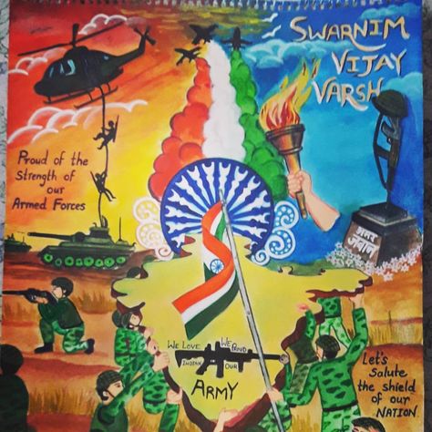 Kargil Vijay Diwas Creative Painting, Poster For Independence Day India, Kargil Vijay Diwas Creative Craft, Drawing Competition Poster Ideas On Independence Day, Kargil Day Poster, Independence Day Poster Making Ideas, Kargil Divas Poster Drawing, Kargil Diwas Drawing, Viksit Bharat Painting Competition