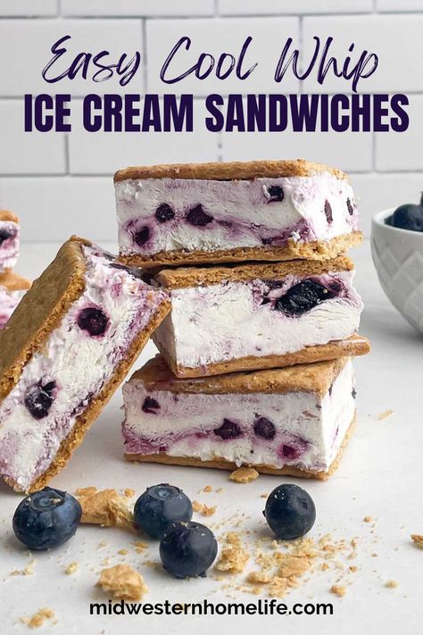 Lemon Blueberry Graham Cracker Ice Cream Sandwiches are an easy 5-ingredient drip-free ice cream dessert everyone will be screamin’ for all summer long. These Cool Whip ice cream sandwiches are fun and easy to make and the perfect summer treat to have on hand for sweltering summer days. #homemadeicecreamsandwiches #blueberrydesserts #lemonblueberry #coolwhiprecipes #nobakedesserts #easydesserts #grahamcrackericecreamsandwiches Cool Whip Ice Cream, Graham Cracker Ice Cream Sandwich, Lemon Ice Cream Sandwiches, Graham Cracker Ice Cream, Diy Ice Cream Sandwiches, Strawberry Ice Cream Sandwich, Healthy Ice Cream Sandwich, Homemade Ice Cream Sandwiches, Cool Whip Desserts