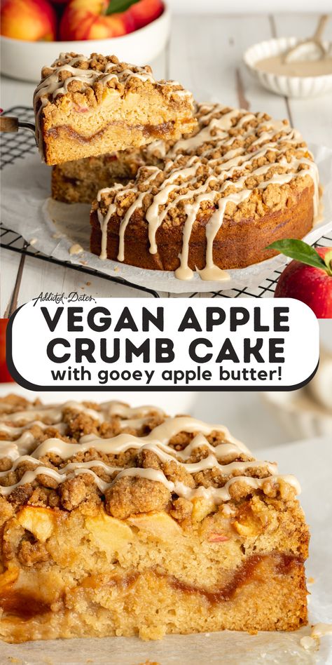 Vegan Apple Crumb Cake with Gooey Apple Butter Filling - Addicted to Dates Vegan Crumb Cake, Paleo Coffee Cake, Sugar Free Vegan Desserts, Apple Crumb Cake, Cake With Cream Cheese Filling, Banana Diaries, Gluten Free Vegan Recipes Desserts, Vegan Thanksgiving Dessert, Vegan Dessert Bars