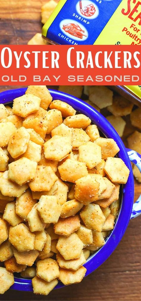 Sweet Salty Oyster Crackers, Old Bay Snacks, Caramel Oyster Crackers, Ouster Crackers Seasoned, Seasoned Crackers Recipe Party Snacks, Flavored Oyster Cracker Recipes, Salted Caramel Oyster Crackers, Oyster Cracker Recipes, Seasoned Oyster Crackers Recipe