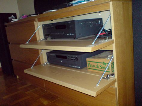 malm media unit with flip down doors - IKEA Hackers good idea as a start Flip Down Drawer, Standing Desk Design, Hidden Shelves, Malm Hack, Malm Drawers, Ikea Office, Ikea Drawers, Plumbing Pipe Furniture, Vhs Player