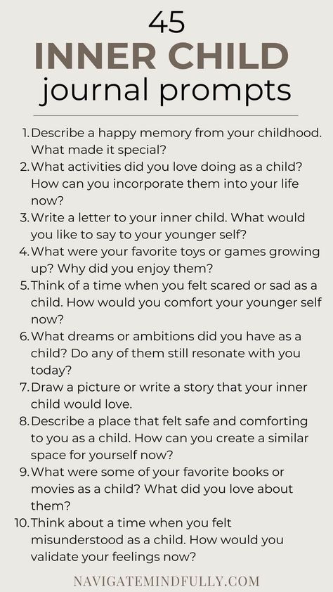 inner child journal prompts Father Wound Healing Journal Prompts, Self Help Journaling, Journal Prompts For Inner Child Healing, Journal Ideas Healing, Inner Healing Journal Prompts, Journal Prompts Childhood, Mother Wound Healing Journal Prompts, Deep Journal Prompts For Healing, Self Healing Journal Prompts