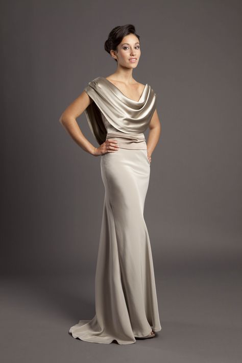 Cowl drape bias-cut gown in champagne & taupe crepe back satin.  Separate sash with floor-length back ties.  From Luke Aaron Bridal Bridesmaid Silk Dresses, Silk Dresses Designs, Wedding Dress Silk Satin, Long Silk Dresses, Cowl Back Wedding Dress, Cowl Neck Wedding Dress, Black Tie Attire, Mother Clothing, Stylish Wedding Dresses