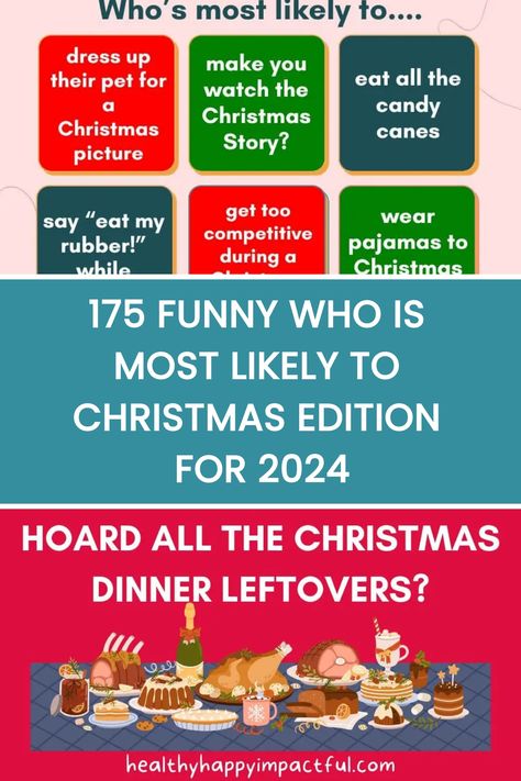 175 funny who is most likely to Christmas edition for 2024. Hoard all the Christmas dinner leftovers? HealthyHappyImpactful.com. Christmas Games For Black Family, Most Likely To Questions Christmas, Christmas Most Likely To, Most Likely To Christmas Edition, Who Is Most Likely To Questions Game, Fun Facts About Christmas, Most Likely To Questions, Christmas Fun Facts, Christmas Questions