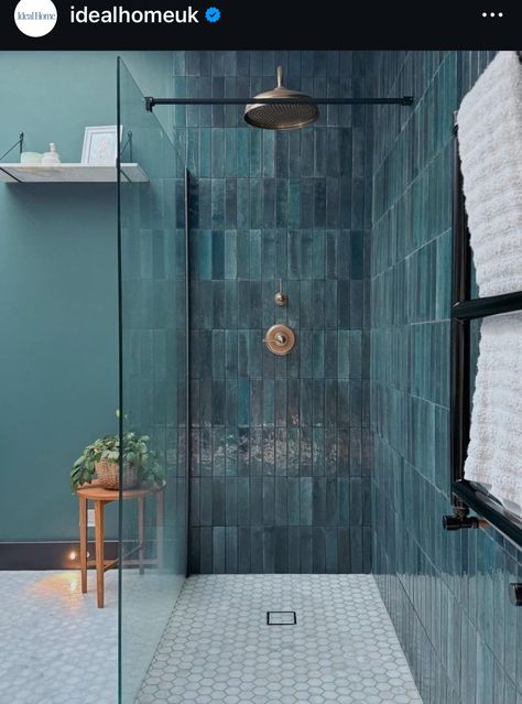 Blue Grey Bathroom Tiles, Bathroom Suite Ideas, Blue Grey Bathroom Ideas, Light Blue Bathroom Tile, Blue Tiled Bathroom, Dark Blue Tile, Teal Bathroom Ideas, Bathroom 2024, Trendy Bathroom Tiles