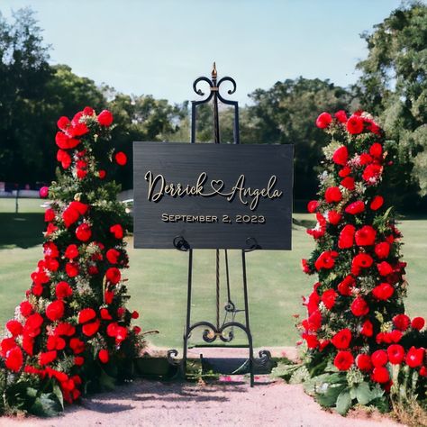 This beautiful wood custom wedding welcome sign is an eye-catcher for your guests to see as they enter your wedding venue!  The wedding welcome sign is great to use as special wedding decor and can double as home decor after the wedding festivities end.  Our customers love to give these custom signs as wedding gifts, engagement gifts, and anniversary gifts as well since they make great gifts for couples.   The sign pictured is our 20x30 size, but we offer many sizes to suit your needs. Your sign Black And Red Reception Decor, Red White And Black Wedding Decorations, Red Green And Black Wedding Theme, 49ers Wedding Theme, Romantic Classy Wedding, Red Black White Gold Wedding Decor, Red White Black And Gold Wedding, Foyer Wedding Decor Entrance, Bold Wedding Decor