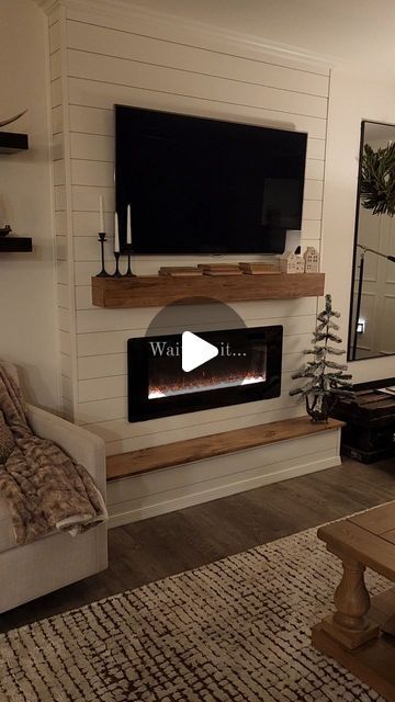 Shiplap Electric Fireplace With Tv, Diy Fireplace Using Electric Insert, Electric Fireplace Cathedral Ceiling, Entertainment Fireplace Center Ideas, Bedroom Electric Fireplace Ideas With Tv, Hidden Mantel Storage, Built In Shelves Living Room Electric Fireplace Diy, Electric Fireplace With Hidden Storage, Diy Electric Fireplace With Hearth