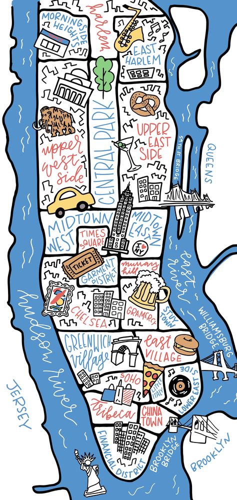 Custom illustrated map of New York City featuring Manhattan neighborhoods from the East Village to the Upper West Side. Nyc Burroughs Map, Manhattan Map Illustration, Map Of Manhattan New York, Nyc Drawing, Manhattan Neighborhoods, Map Of New York City, East Village Nyc, City Collage, Cartoon Map