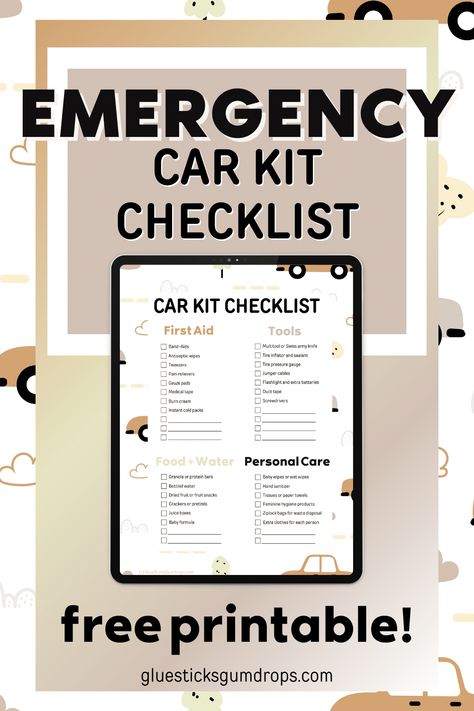 Printable Car Emergency Kit Checklist for Families Car Emergency Kit List, Emergency Kit Checklist, First Aid Essentials, Travel Printables, Car Emergency Kit, Tool Band, Tire Pressure Gauge, Juice Boxes, Road Trip With Kids