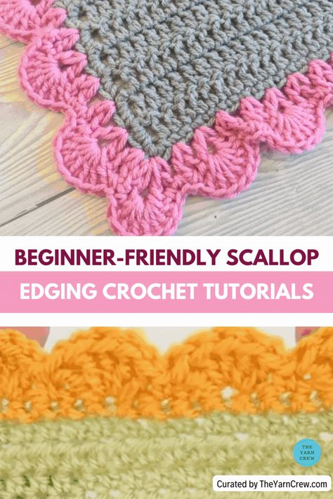 I have a collection of crochet scallop border tutorials. These crochet edging patterns are perfect to make for your baby blankets. Click to view the entire collection of patterns, what tools and yarns are needed, and choose your favorite to make. Crochet patterns curated by TheYarnCrew. Scallop Edge Crochet, Scalloped Crochet Border, Crochet Scallop Border, Crochet Borders And Edges Free Pattern, Easy Crochet Borders For Blankets, Edging Crochet, Border Crochet, Crochet Scallop, Crochet Scalloped Edge