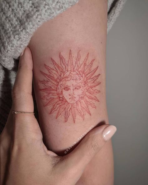 Red Tattoo , red sun , sun Tattoo . Helios Helios Tattoo Sun, Sun On Fire Tattoo, Sicilian Sun Tattoo, Helios Tattoo Design, Sun Crown Tattoo, Red Elbow Tattoo, Intricate Sun Tattoo, Ethereal Sun Tattoo, Burning Sun Tattoo