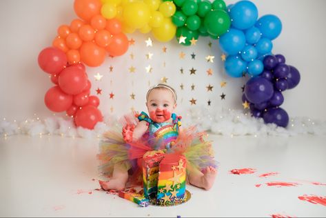 Rainbow Cake Smash Rainbow Monthly Photos, Rainbow 1st Birthday Photoshoot, Rainbow Smash Cake Photoshoot, Rainbow Theme Baby Photoshoot, Rainbow Baby Photoshoot, Rainbow Smash Cake, Rainbow Smash Cakes, Rainbow Photoshoot, Rainbow Cake Smash