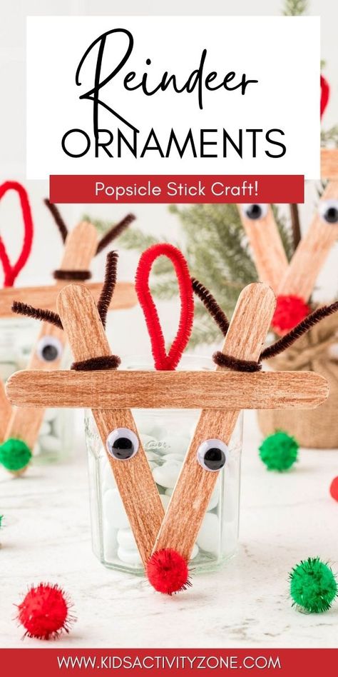 Reindeer Popsicle Stick Ornament is an easy homemade kids ornament to make for Christmas. Turn popsicle sticks into an adorable Rudolph the Red Nose Reindeer that you can display on your tree every Christmas. Have fun making this DIY Christmas Ornament! Lolly Stick Craft Christmas, Christmas Reindeer Craft, Thrifted Christmas, Christmas Ornaments Homemade Kids, Stick Ornaments, Toddler Ornaments, Popsicle Stick Ornaments, Homemade Ornament, Reindeer Diy