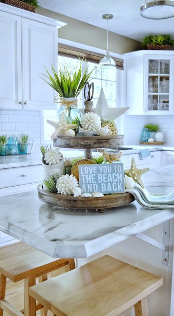 Den Decor, Coastal Kitchen Decor, Coastal Farmhouse Decor, Beach House Interior Design, Beach Kitchens, Beach House Kitchens, Condo Decorating, Tray Ideas, Beach Theme Decor