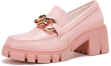 Loafers With Chain, Womens Penny Loafers, Pink Loafers, Backless Loafers, Womens Low Heels, Fashion Shoes Sneakers, Sport Shoes Women, Platform Loafers, Platform Heels Chunky