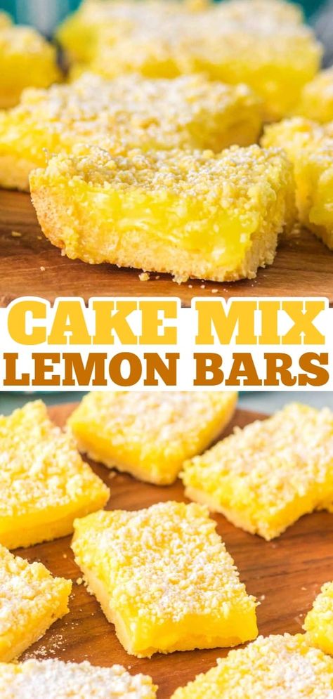 Cake Mix Lemon Bars are a sweet and tangy three ingredient dessert recipe made with boxed lemon cake mix, butter and lemon pie filling. Lemon Bars With Lemon Pudding, Lemon Bars 2 Ingredients, Lemon Bar Cake Recipe, How To Make Lemon Bars, Three Ingredient Lemon Cake, Lemon Cake Mix And Lemon Pudding, Lemon Pie Filling And Cake Mix Recipes, Lemon Bars With Pie Filling, Lemon Bars Using Lemon Pie Filling