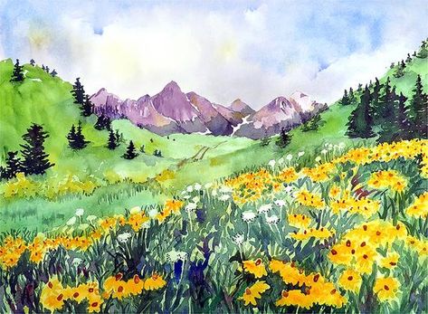 Valley Painting, Painting Yellow, Wall Art Green, Flower Landscape, Watercolor Landscape Paintings, Green Valley, Art Green, Print Flower, Lukisan Cat Air