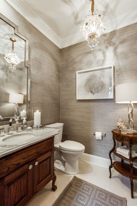 Half Bathroom Traditional, Elegant Half Bathroom Ideas, Half Bath Remodel Ideas, Traditional Powder Room Ideas, Elegant Half Bath, Traditional Powder Room Design, Elegant Powder Room, Luxury Powder Room, Traditional Powder Room