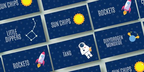 Space Themed Birthday Party Food, Space Themed Food Ideas, Space Theme Party Food, Space Birthday Party Food, Space Party Food, Birthday Party Menu, Space Kids, Birthday Menu, Food Cards