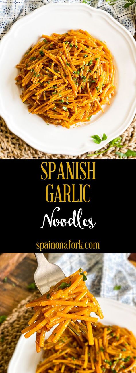 Spanish Pasta Dishes, Spanish Pasta Recipes, Spanish Noodles Recipe, Spanish Noodles, Spanish Pasta, Spanish Salad, Garlic Noodles Recipe, Noodle Recipes Easy, Garlic Noodles