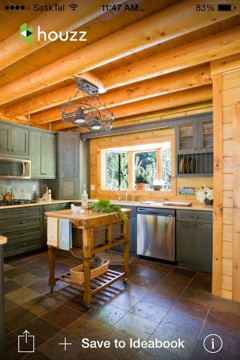 Grey with knotty pine Cabin Kitchen Cabinets, Modern Cabin Kitchen, Knotty Pine Kitchen, Log Cabin Kitchens, Log Cabin Kitchen, Log Home Kitchen, Log Home Kitchens, Log Cabin Interior, Pine Kitchen