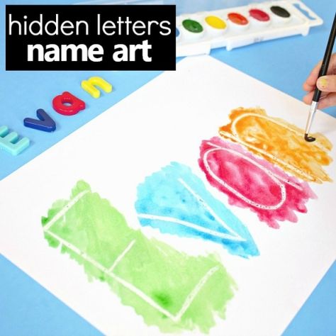 Hidden Name Art Preschool Name Activity - Fantastic Fun & Learning Name Art Preschool, Name Activities Preschool, Name Activity, Hidden Letters, Preschool Names, Art Preschool, Preschool Art Projects, All About Me Preschool, Aktiviti Kanak-kanak