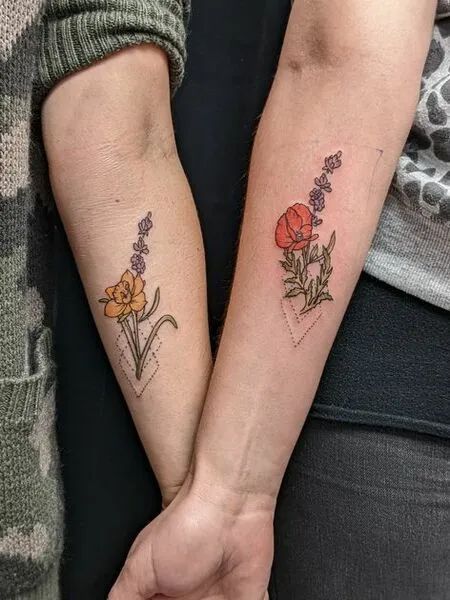 Bestie Tattoos: 25 Unique Ideas to Celebrate Friendship Best Friend Tattoos Color, Matching Nature Tattoos Best Friends, Colorful Matching Tattoos, Nature Matching Tattoos, Complimentary Tattoos Friends, Matching Nature Tattoos, Different Types Of Tattoos, Unique Friendship Tattoos, Meaningful Best Friend Tattoos