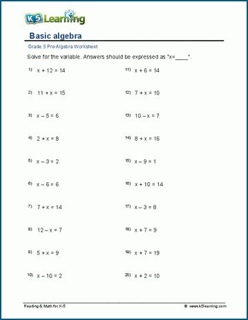 Students solve basic algebraic equations using the 4 operations. Free | Worksheets | Grade 5 | Pre-Algebra | Printable Basic Algebra Worksheets With Answers, Basic Algebra Worksheets, Algebra Equations Worksheets, Solving Algebraic Equations, Grade 6 Math Worksheets, Equations Worksheets, Algebraic Equations, Pre Algebra Worksheets, High School Algebra