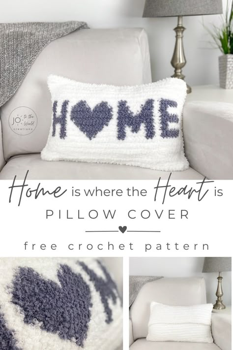 This free Home Is Where the Heart Is Pillow Cover Crochet Pattern is a fun crochet project for your home decor and makes a great housewarming gift. It creates the softest, coziest, cuddliest pillow in the world! You will feel like you are resting on a cloud…a cloud that says “home!” The free crochet pillowcase pattern and photo tutorials includes step by step instructions on how to make this beautiful removable, crochet cushion cover. Crochet Wedding Pillow, Tapestry Crochet Pillow Pattern Free, Small Crochet Pillow Free Pattern, Crocheted Pillows, Pillows Crochet, Crochet Cushion Covers, Pillow Cover Crochet Pattern, 2024 Crochet, Crochet Pillow Patterns Free