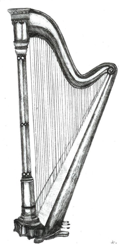 Harp Pencil Drawing by KouMiRien on DeviantArt Music Sketch, Musical Instruments Drawing, Drawing Instruments, Instruments Art, Cool Chest Tattoos, Music Drawings, Pencil Sketches, Musical Art, Harbin