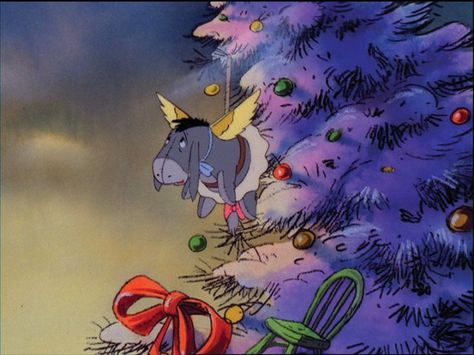 Eeyore dressed as a Christmas angel tied to the giant Christmas tree Christmas Tv Specials, Cartoon Christmas Tree, Christmas Tree Wallpaper, Winnie The Pooh Pictures, Winnie The Pooh Christmas, Images Disney, Christmas Collage, Cute Christmas Wallpaper, Tree Wreath