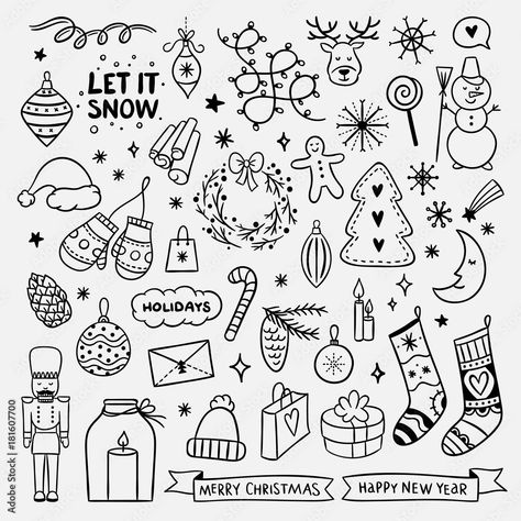 Doodles Christmas, New Year Doodle, Winter Illustrations, Doodles Bonitos, Arte Doodle, New Year Illustration, Christmas Cut Files, Christmas Doodles, Doodle Illustration