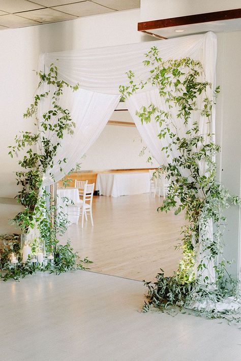 Greenery and Drapery Wedding Reception Entrance Neutral And Greenery Wedding, Entrance Decor Wedding, Wedding Foyer, Wedding Entrance Table, Drapery Wedding, Entrance Wedding, Church Entrance, Wedding Drapery, Wedding Reception Entrance