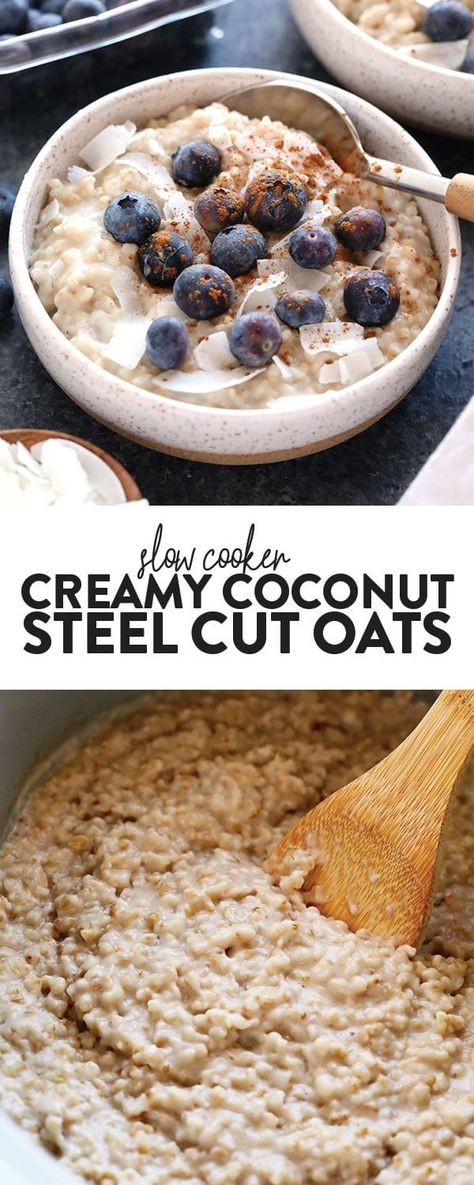 These Creamy Coconut Slow Cooker Steel Cut Oats are healthy, delicious and oh so easy to make. Place a few healthy ingredients in your crockpot before bed and have a gluten-free breakfast ready to go in the morning! Steel Cut Oats Crockpot, Slow Cooker Steel Cut Oats, Crockpot Oatmeal, Slow Cooker Oatmeal, Crockpot Breakfast Casserole, Breakfast Crockpot Recipes, Slow Cooker Breakfast, Gluten Free Breakfast, Crockpot Breakfast