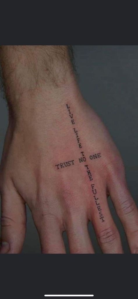 Tattoo Ideas Trust No One, Persistance Tattoos, Trust No One Hand Tattoo, No Trust Tattoo, Hand Quote Tattoo, No Risk No Fun Tattoo, Trust Tattoo Ideas, In God We Trust Tattoo, Trust No One Tattoo Design