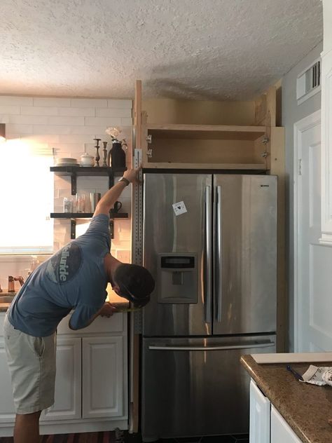 Open Cupboard Above Fridge, Kitchen Fridge Freezer Ideas, Enclosing Fridge, Fridge By Doorway, Fridge In Alcove, Awkward Space Above Fridge, Pantry Cupboard Next To Fridge, Storage Above The Fridge, Fridge Cupboard Ideas