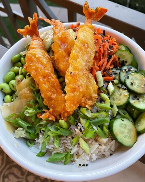 Tempura Shrimp Sushi Bowl, Tempura Shrimp Bowl, Tempura Shrimp Recipe, Tempura Bowl, Shrimp Sushi Bowl, Shrimp Tempura Sushi, Shelled Edamame, Tempura Sushi, Tempura Shrimp