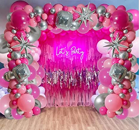 Hot Pink Birthday Decorations, Pink Graduation Party, Pink Birthday Decorations, Hot Pink Birthday, Pink Party Theme, Star Balloons, 17th Birthday Ideas, Disco Birthday Party, Disco Party Decorations