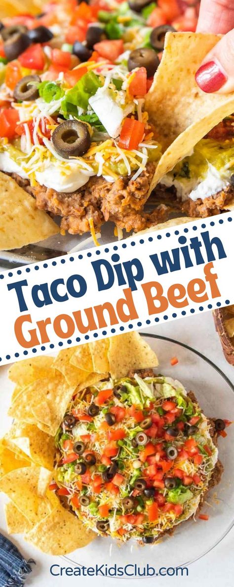 Taco dip with ground beef is an easy layered taco dip that comes together quickly. Made with ground beef, refried beans, sour cream and Greek yogurt, guacamole, along with lots of veggies and cheese. Get ready to serve this appetizer at your next potluck, Cinco de mayo party, BBQ, Superbowl, or any other event. With each layer more flavorful than the last, there is no doubt this taco dip will be the dish everyone raves about! Taco Dip With Ground Beef Layered, 7 Layer Taco Dip With Ground Beef, Layered Mexican Dip With Ground Beef, Cold Taco Dip With Ground Beef, Ground Beef Taco Dip Recipe, Seven Layer Dip With Ground Beef, Taco Dip No Beans, 7 Layer Taco Dip With Meat Ground Beef, Baked Taco Dip With Ground Beef