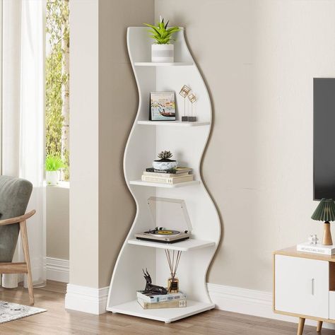 Wall Corner Shelves, Corner Bookshelf, Shelf Modern, Wall Corner, Corner Bookshelves, Small Bookcase, Nordic Living Room, House Deco, White Bookcase