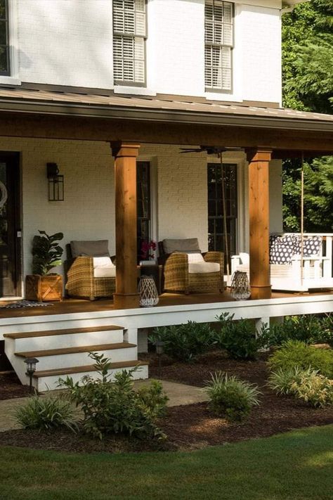 Southern Front Porches Farmhouse, House With Pillars Colonial, Front Porch Without Railing Ideas, Half Front Porch, Covered Porch To Patio Transition, Metal Railing Front Porch, No Railing Front Porch, Wooden Front Porch Columns, White House Cedar Posts