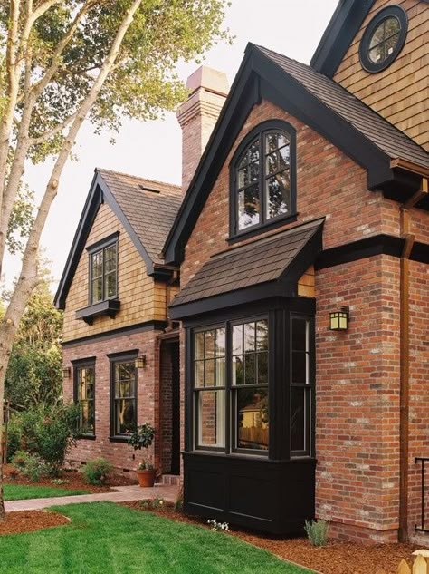 Dark Trim On Brick House | For the Home / black trim against brick front. stain deck black as ... Outdoor Paint Colors, Red Brick House Exterior, Black Window Trims, Dark Trim, Orange Brick, House Trim, Red Brick House, Brick Exterior House, Traditional Exterior