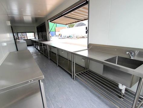 Used Modified Events Container - Special Projects Caterers Kitchen, Food Containers Design, Kitchen Counter Design, Container Restaurant, Container Cafe, Dirty Kitchen, Restaurant Flooring, Stainless Kitchen, Kiosk Design