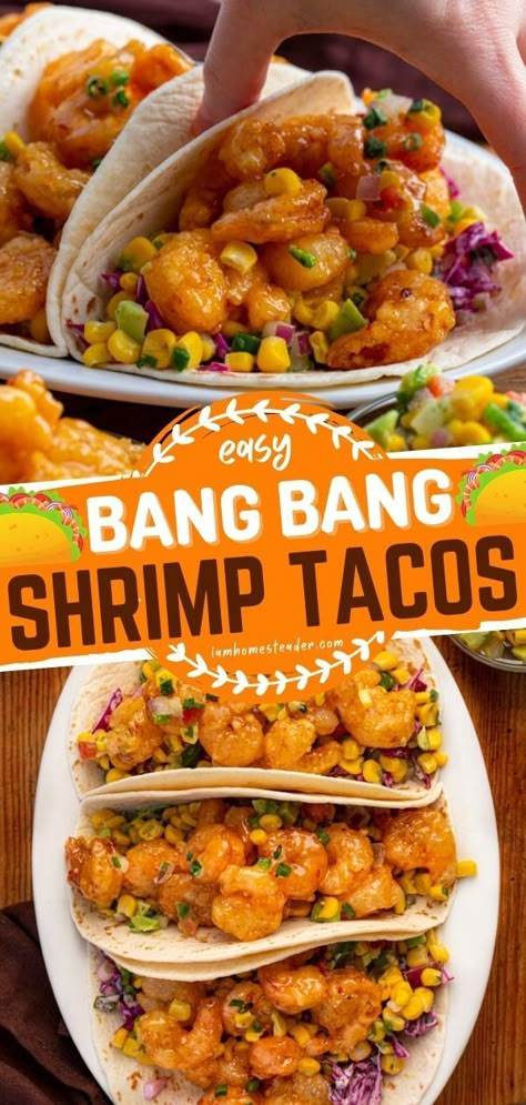 Craving for seafood? Try these Bang Bang Shrimp Tacos! This delicious recipe for dinner starts with homemade bang bang shrimp folded in a flour tortilla. Pin this easy seafood recipe! Bang Bang Shrimp Tacos, Dynamite Shrimp, Shrimp Tacos Easy, Golo Recipes, Homemade Flour, Shrimp Taco Recipes, Bang Bang Shrimp, Recipe For Dinner, Seafood Recipe