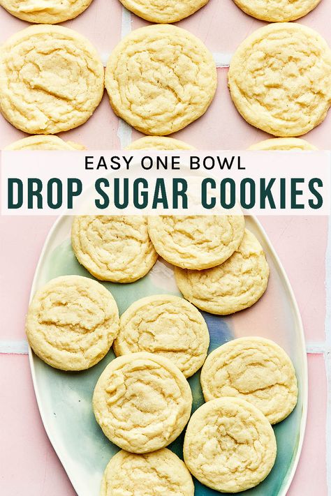 Drop Sugar Cookies A one-bowl scoop and bake cookie, these drop sugar cookies are the best speedy cookie. No chilling, no icing, just cookies! Almost as fast as pre-made cookie dough but tastes so much better. Sugar Cookie Drop Cookies, Cookie Recipes No Baking Powder, Small Batch Cut Out Sugar Cookies, Drop Sugar Cookie Recipe Easy, Soft Sugar Cookie Recipe No Chill, Easy One Bowl Cookies, No Baking Powder Cookies, No Vanilla Extract Cookies, No Chill Christmas Cookies