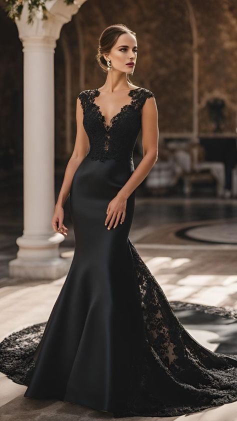 A stunning bride in an elegant black wedding dress, featuring intricate lace and sleek satin, making a bold and stylish statement. Black Wedding Dresses Fitted, Black Spanish Wedding Dress, Elegant Black And Gold Dress, Black Wedding Dress Sleek, Fall Wedding Black Dress, Simple Black Wedding Dress Classy, Satin Black Wedding Dress, Classy Black Wedding Dress, Black Wedding Dress Tight Fitting