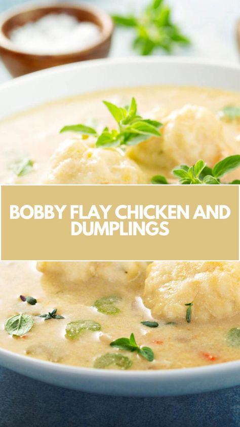 Bobby Flay’s Chicken and Dumplings is made with condensed cream of chicken soup, chicken broth, shredded cooked chicken, and refrigerated biscuit dough. This hearty chicken and dumplings recipe creates a comforting dinner that takes about 30 minutes to prepare and can serve up to 6 people.